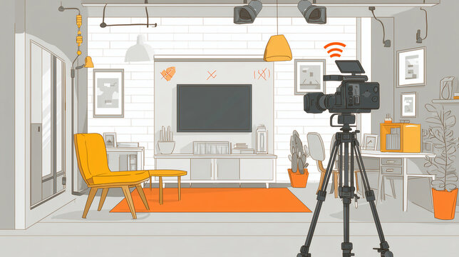Video camera on tripod filming orange-accented living room set with tv on white brick wall