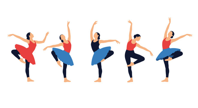 Elegant ballet dancers in red and blue tutus performing classical dance steps on white background.