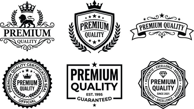 Set of vintage premium quality labels and badges with heraldic elements and classic typography designs