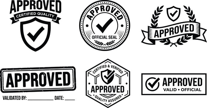 Collection of various approved rubber stamp designs with check marks and vintage style frames on white background