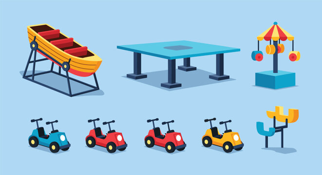 Selection of colorful children playground equipment elements including bumper cars, a swing boat, and carousel rides.