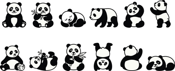 Cartoon panda vector illustrations, cute animal artwork, bamboo eating panda poses, playful wildlife design, mascot logo concept collection © Artist RH