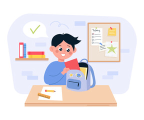 Happy school boy packing backpack with school supplies at desk. Back to School flat vector Illustration