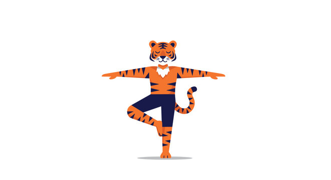 Cute cartoon tiger character performing the yoga tree pose in athletic clothes isolated on white background.