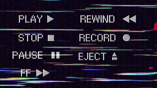 Immersive vintage video player interface displaying classic control buttons with a striking analog interference and digital glitch aesthetic overlay