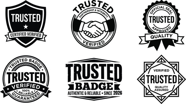 Set of vintage style trusted badges and labels with handshake and shield icons for business and marketing