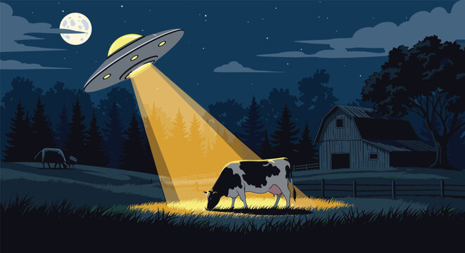 Mysterious sci-fi scene of a UFO alien spaceship beaming light down on a cow grazing on a farm pasture at night.
