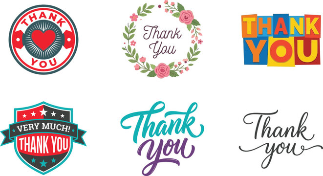 Collection of various thank you lettering designs and decorative labels for greeting cards and social media posts