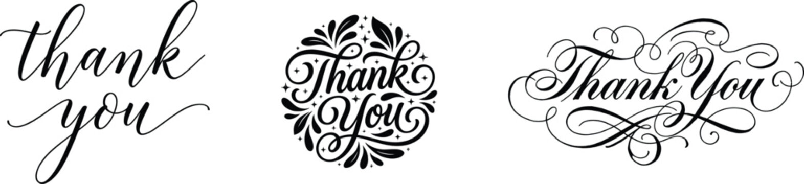 Set of three elegant thank you hand lettering designs with decorative flourishes and floral elements for greeting cards