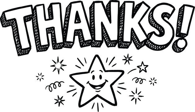 Hand drawn doodle style text that says thanks with a cute smiling star character and sparkles