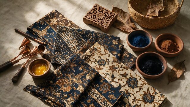 A top-down flat lay view showing traditional Indonesian batik fabric, copper canting tools, wooden stamp blocks, and ceramic bowls filled with natural dyes and wax