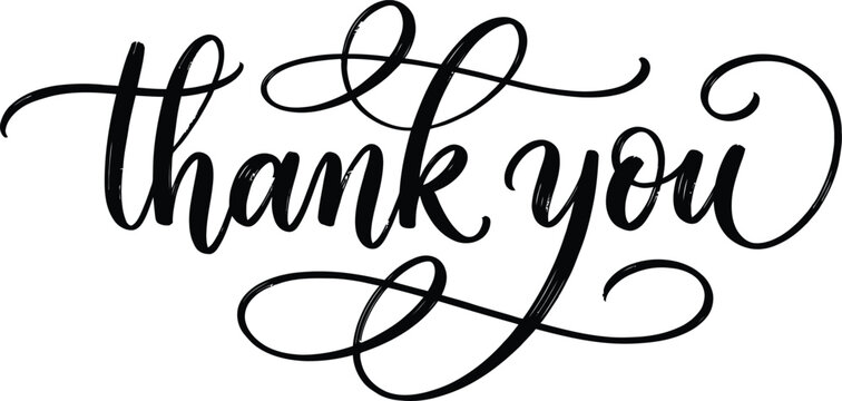 Elegant black ink brush calligraphy of the phrase thank you isolated on a clean white background