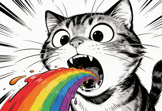 immagine ironica in bianco e nero di un gatto che vomita un'arcobaleno colorato, ironic black and white image of a cat vomiting a colorful rainbow
