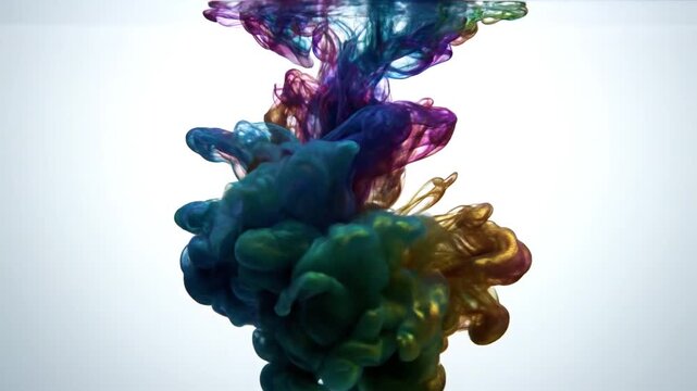 Iridescent Ink Droplet Exploding in Water Capturing Vibrant Rainbow Colors in Slow Motion