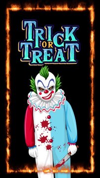 Creepy Clown with Knife in Flaming Frame Vertical Animation