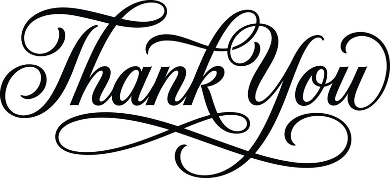 Elegant black cursive calligraphy thank you text isolated on a plain white background for wedding stationery
