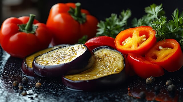 Sliced eggplant with red and yellow bell peppers on black surface
