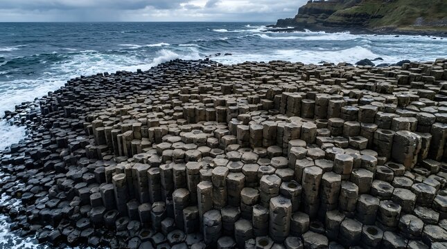Massive hexagonal basalt columns forming the dramatic landscape of the Giants Causeway coastline under a moody overcast northern irish sky