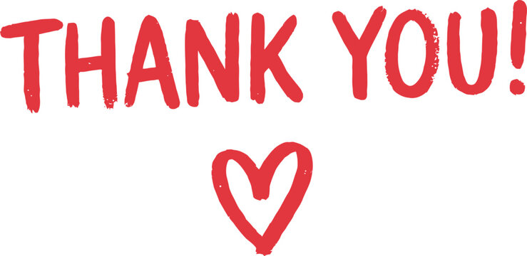 Handwritten red thank you text with a heart shape isolated on a white background