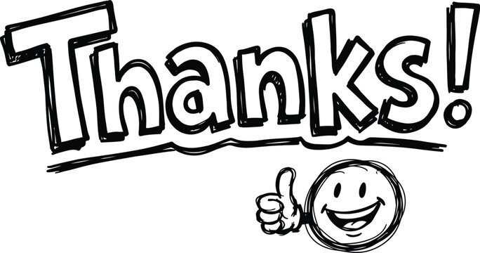 Hand drawn doodle style text saying thanks with a happy smiling cartoon character giving a thumbs up