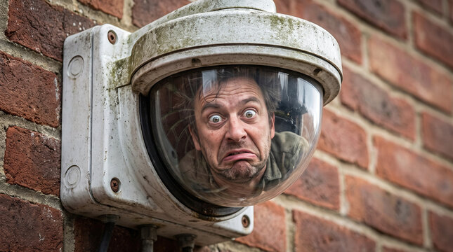 A funny man's distorted face reflected inside an old security camera dome