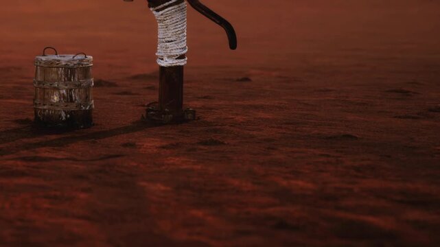 A water pump stands beside a metal bucket on sand. The sun is setting, casting orange and brown light on the scene. The area looks empty with soft shadows.