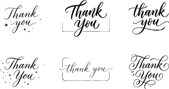 Collection of elegant hand written thank you calligraphy phrases for greeting cards and wedding invitations design elements