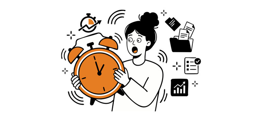 Stressed woman holding alarm clock managing busy work schedule with urgent deadlines, multitasking and time pressure concepts represented in flat line art vector style illustration on white.