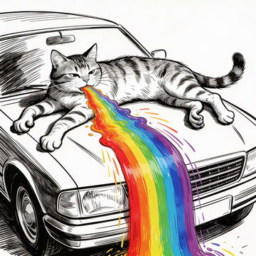a black cat vomiting a lively stream of rainbow colors, creating a fun and surreal contrast between the monochrome environment and the bright, saturated colors.