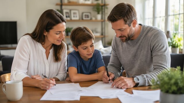 Family of three with a mother in a white blouse a father in a grey pullover sweater and a young son in a blue t-shirt sitting at a wooden dining table together filling out multiple paper
