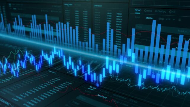 Financial growth analysis and global investment strategy on business interface, perspective panoramic stock market dashboard with candlestick chart