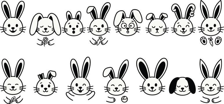 Cute Bunny and Puppy Face Collection with Kawaii Cartoon Animal Expressions, Vector Icons for Easter, Stickers, Kids Designs