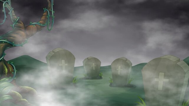 Spooky Graveyard Animation with Drifting Fog and Dark Cloudy Sky