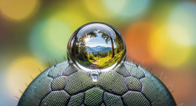 Water Droplet Reflecting Mountain Landscape on Insect Eye Macro