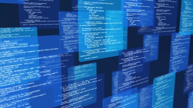 Code typing multi window abstract programming code on digital monitor with cybersecurity interface, software development, binary data encryption
