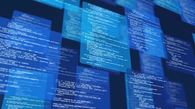Code typing multi window on digital monitor with cybersecurity interface, software development, binary data, encryption and cloud computing technology background