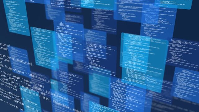 Software development, binary data, encryption and cloud computing technology background abstract programming code on digital monitor with cybersecurity interface