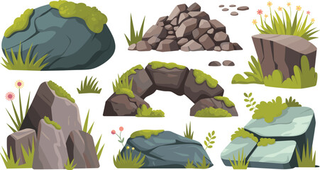 Natural Rock and Stone Collection Featuring Mossy Boulders, Rock Piles, Cliffs, and Landscape Elements for Outdoor Nature Vector Set © Abul