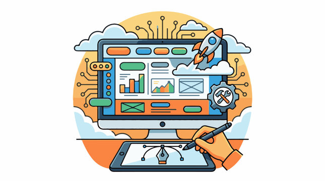 Digital interface design with rocket launching and creative tools