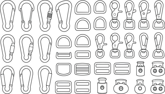 Carabiner clip and bag hardware line icon set vector illustration isolated on white background