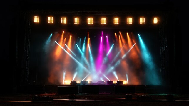 Night outdoor stage shot with professional multi-color lighting rig, orange cyan magenta white intersecting light beams visible through airborne haze smoke, top warm yellow matrix light bar, stage mon