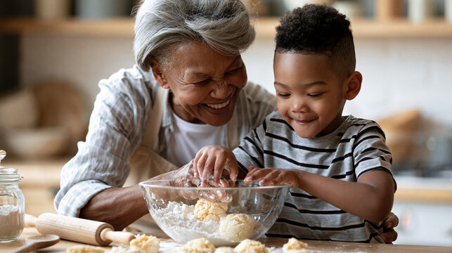 Grandmother and grandson baking cookies together, sharing joy and a cherished family tradition, warm kitchen scene , with copy space