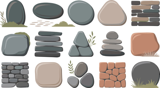 Natural Stone and Rock Collection Set with Pebbles, Stacked Stones, Brick Walls, and Zen Garden Elements for Landscape Design Vector