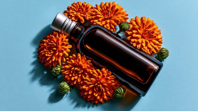 Essential oil bottle resting on orange chrysanthemum petals against blue background in sharp top-down focus for natural cosmetics branding
