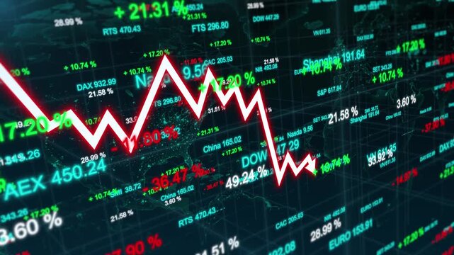 Financial crisis analysis and bearish economic downturn, arrow down trend and number value loss global stock market recession with falling investment performance