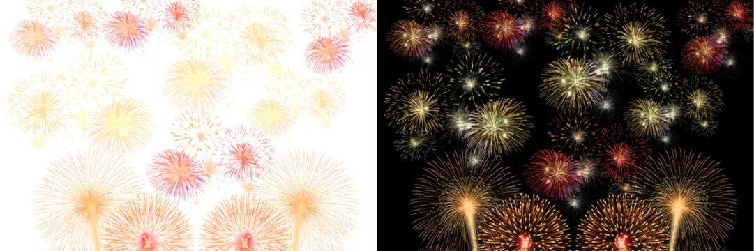 Fireworks illuminate with spectacular brust on the dark and light background 