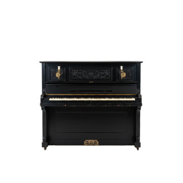 Polished black ebony antique upright piano with intricate victorian floral carvings, brass sconces, and aged ivory keys on a transparent studio background, showcasing timeless musical craftsmanship