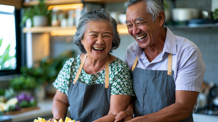 Naklejka premium Happy Asian senior couple preparing fruit together in the kitchen, laughter and healthy living , with copy space