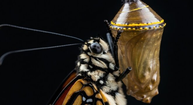 Close-up of a butterfly next to its chrysalis on a stark black background