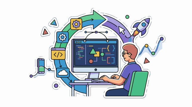 Digital workflow concept coder computer cloud mobile rocket graph
